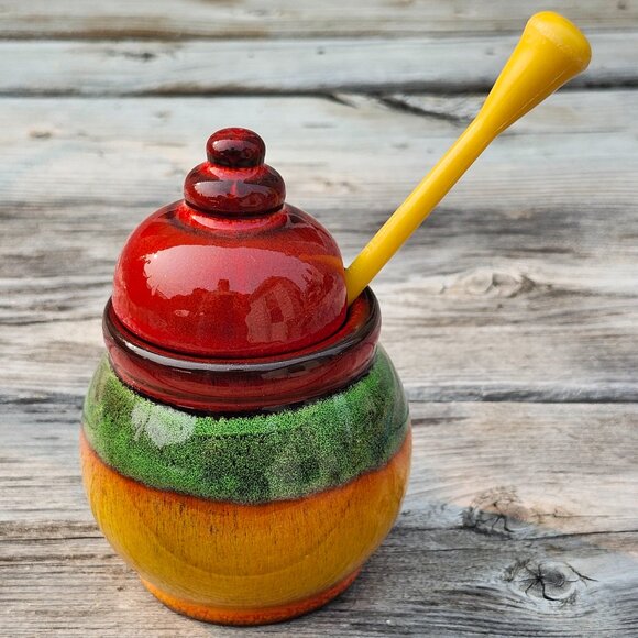 ATTRACTIVE Handmade Ceramic Honey Pot With Stick/Dipper (Pot Dipper) and Lid - Picture 1 of 7